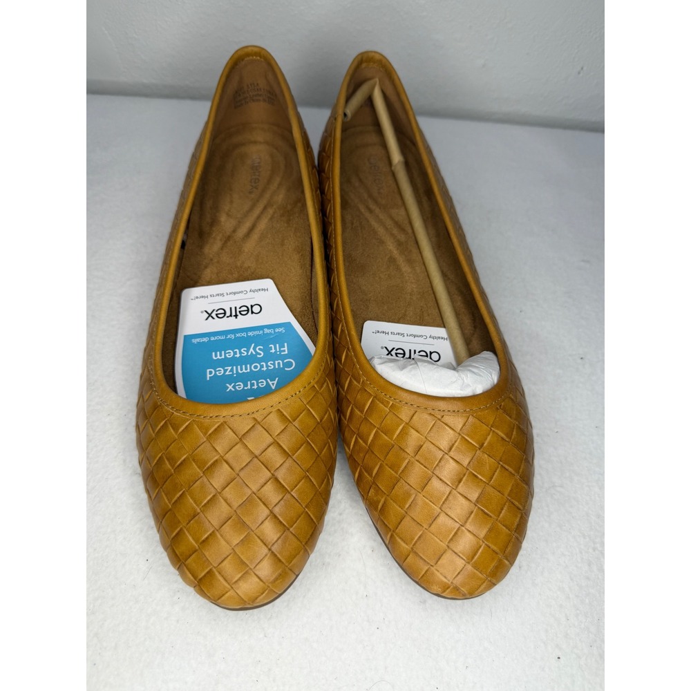 Aetrex Lyla Woven Leather Ballet Flats Mustard Tan Womens 8.5 Memory Foam Office